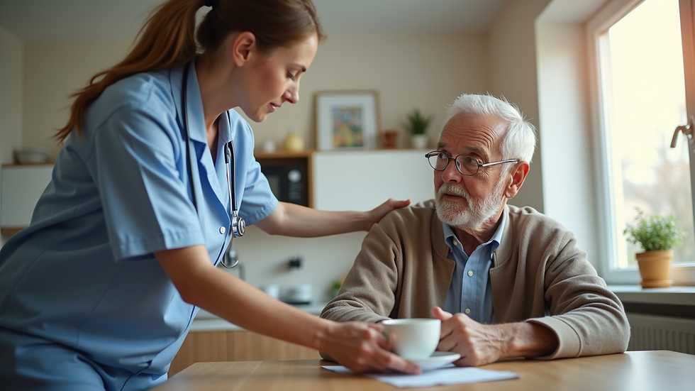Eye-level view of a caregiver assisting a senior with daily activities at home