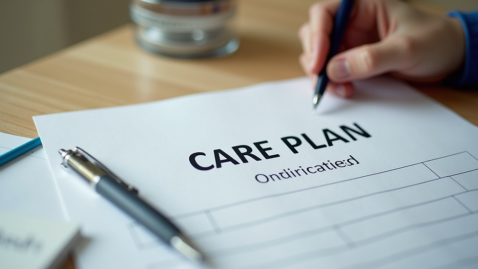 Close-up view of a care plan document with a pen on a wooden table