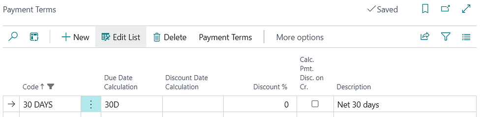 Example of Net 30 payment terms configuration