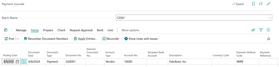 Payment Journal with Vendor details filled in.