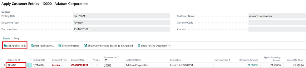 Screenshot demonstrating how to use the Set Applies-to ID action on the apply customer entries page