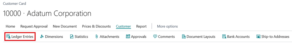Screenshot showing how to open the Customer Ledger Entries for a selected Customer