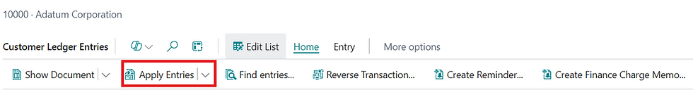 Screenshot showing how to open the apply customer entries page