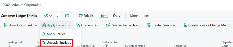 Screenshot of the unapply entries action on the apply customer entries page
