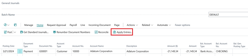 Screenshot demonstrating how to open the apply customer entries page from a journal