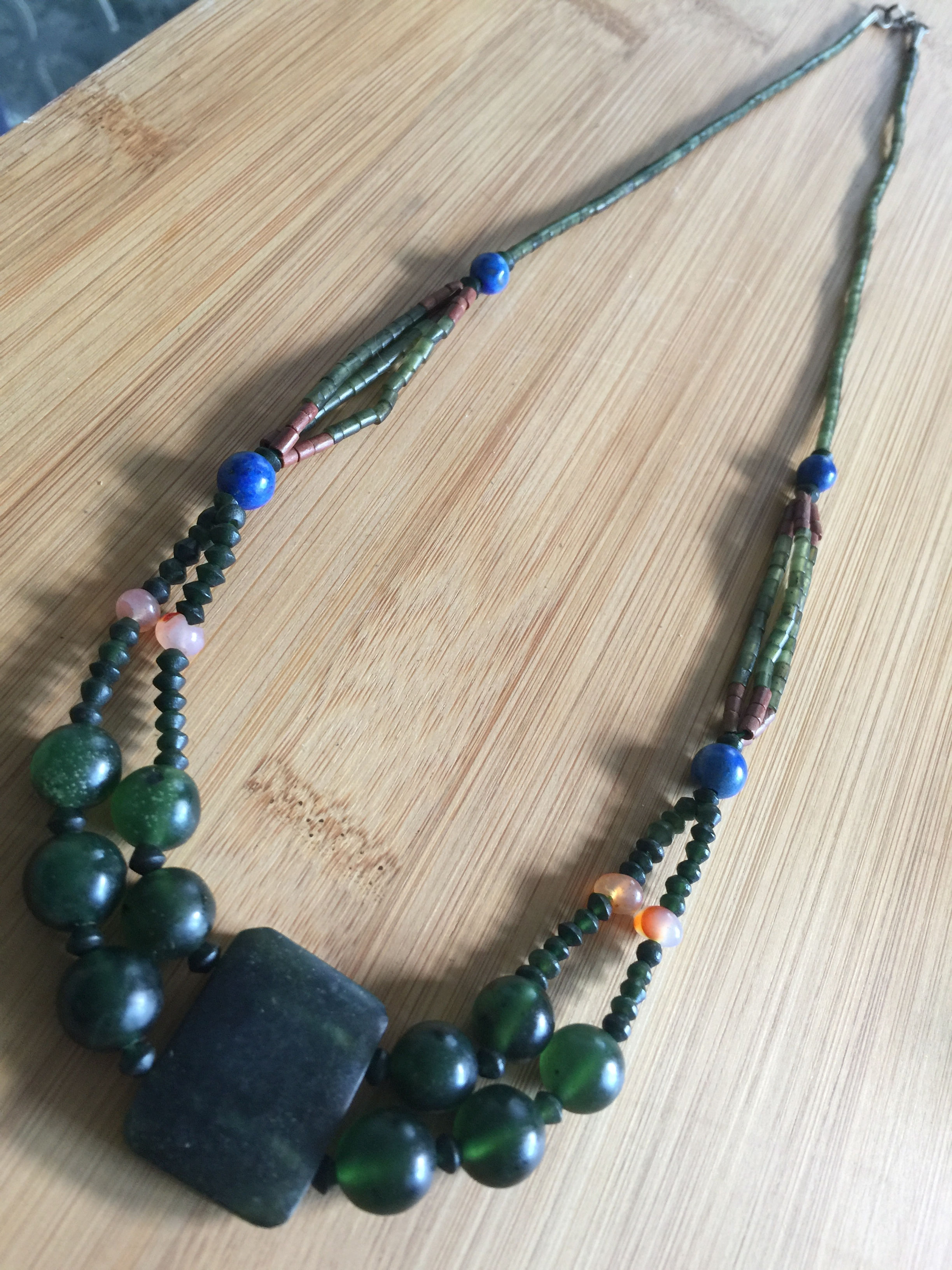 Green Jade and Lapis Choker Necklace, All Natural Stone