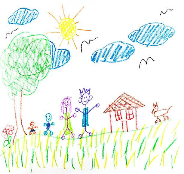 Childlike drawing of a happy family walking on grass with a dog, house, tree, and sun. Blue clouds and birds in the sky. Bright colors.
