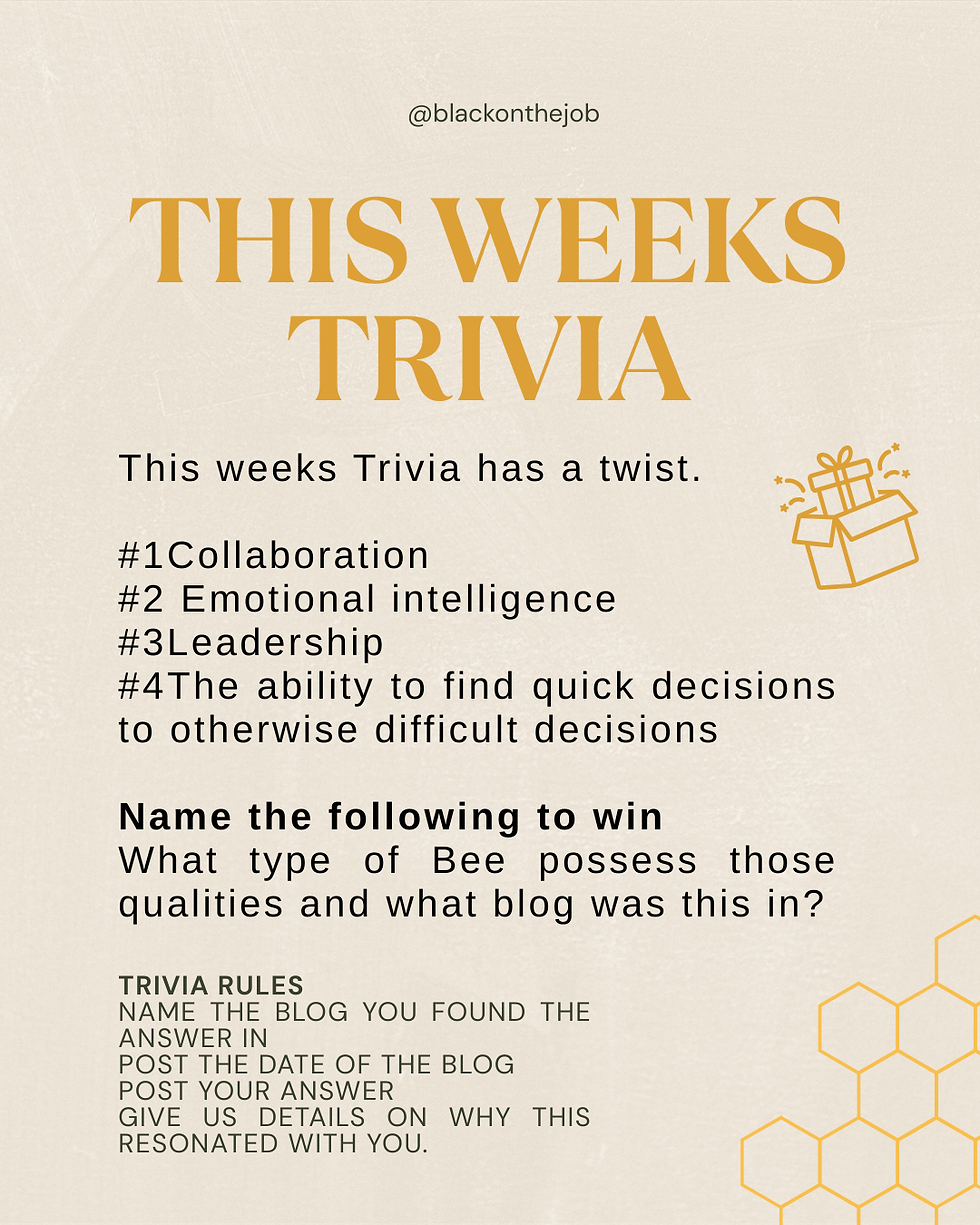Text image of trivia challenge by @blackonthejob featuring qualities of bees. Requires naming a blog for a chance to win. Beige background.