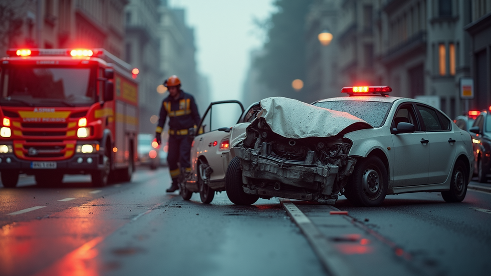 Eye-level view of a car accident scene with emergency responders