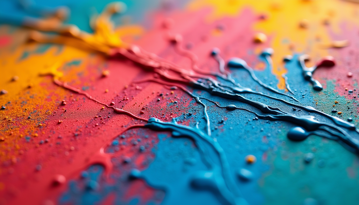 Close-up of a vibrant hand-painted artwork featuring abstract shapes in brand colors