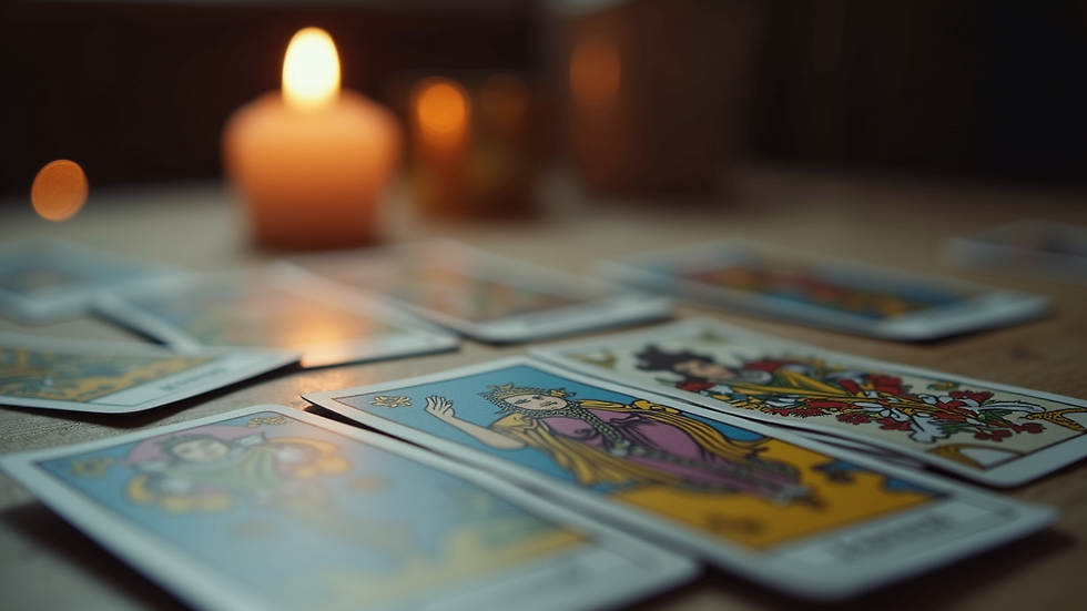 Close-up view of tarot cards spread on a table