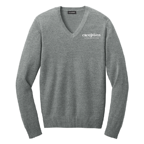 V-neck sweater with Crosswinds embroidered on left breast. Grey