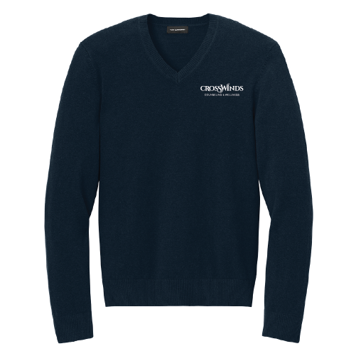V-neck sweater with Crosswinds embroidered on left breast. Navy