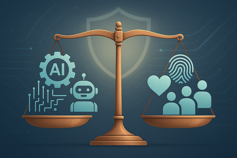 Illustration of a balanced scale: one side with AI symbols like gears, data streams, and a chatbot, the other with human elements such as a fingerprint, heart, and silhouettes of people. A glowing shield in the background represents privacy and responsibility, symbolizing balance between technology and human values.