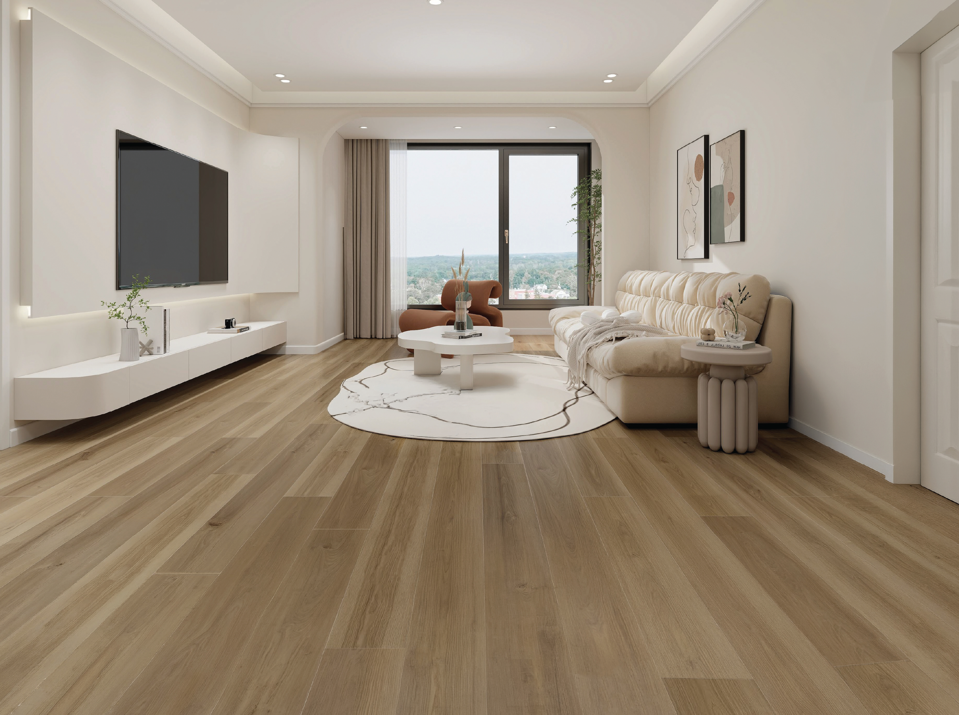 Rendering of a contemporary living room with Cacao ZF1002 muted medium-brown wood-look flooring.