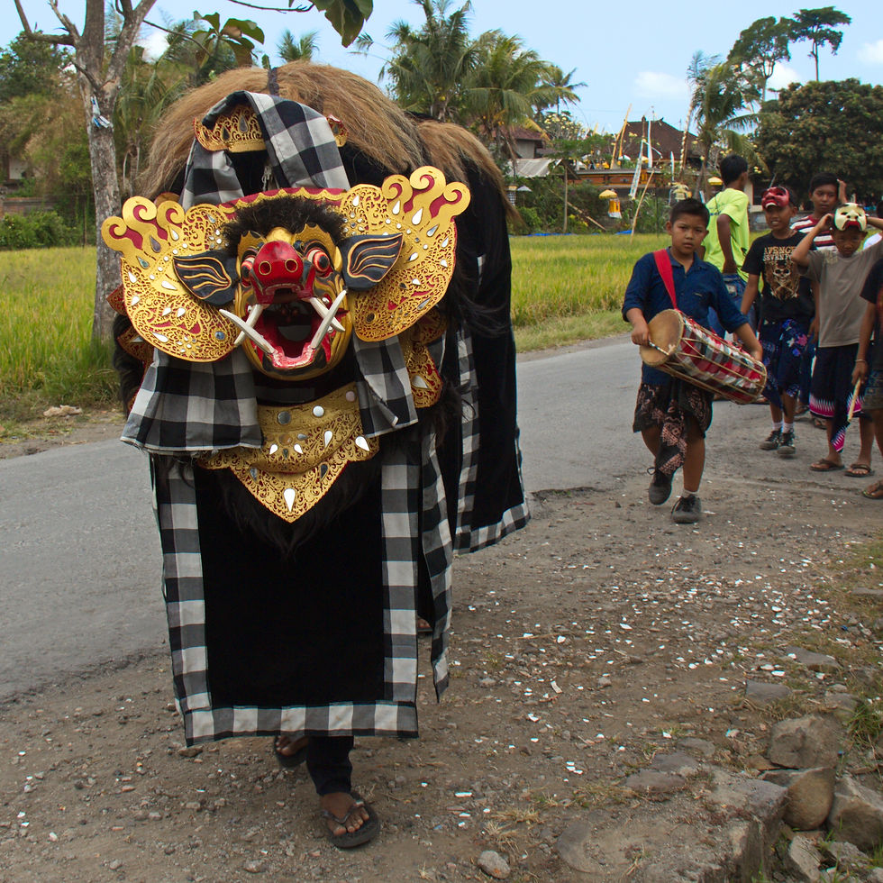 A Balinese barong in a Kuningan procession (ngelawang), part of the Galungan and Kuningan celebrations in Bali