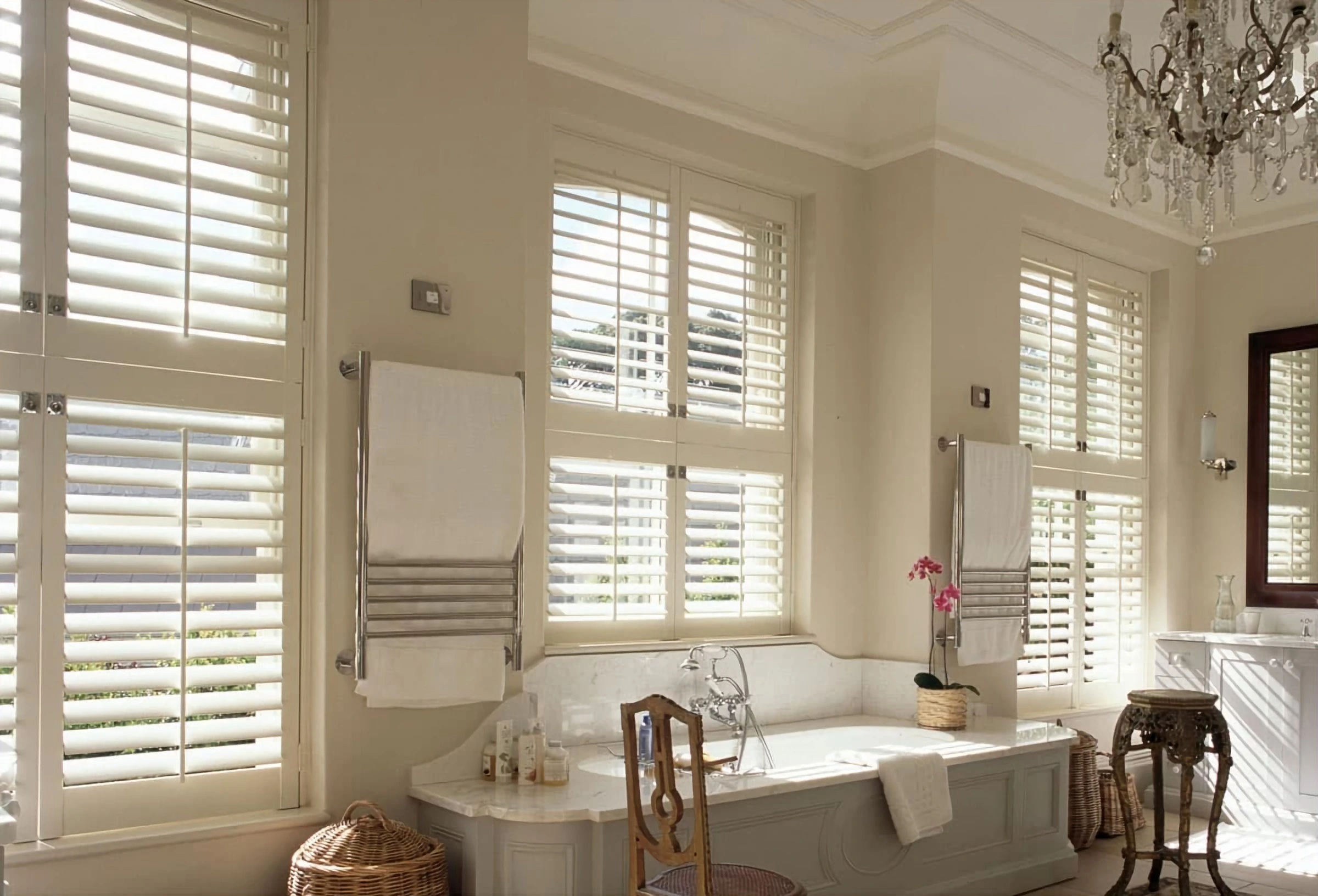 Double Hung?Tier on Tier interior plantation shutters top and lower panels swing open independently