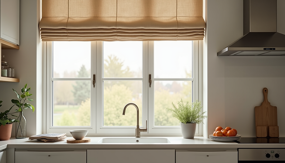 Light-filtering Roman Shade adds charm to this modern kitchen