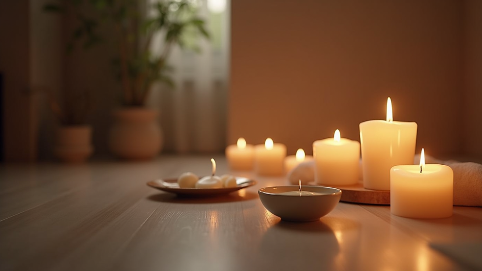 Close-up view of a serene meditation space with candles and soft lighting
