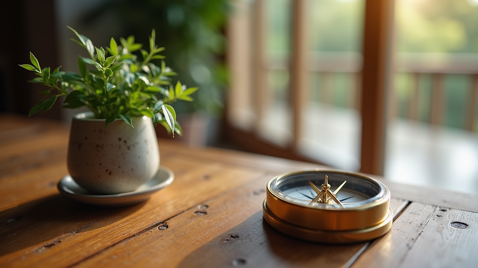 Close-up view of a wooden table with a small indoor plant and a Feng Shui compass