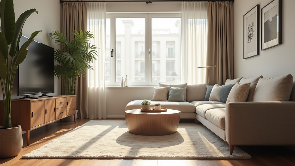 Eye-level view of a modern living room with balanced natural light
