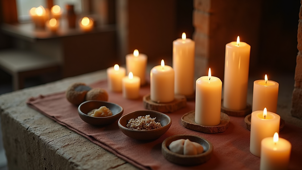 High angle view of a meditation altar with candles and sacred objects