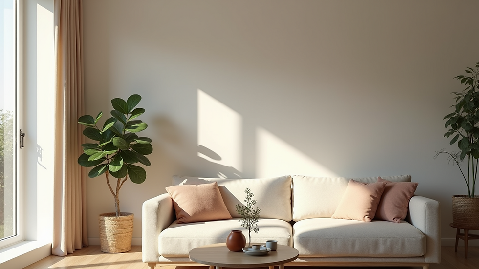 Eye-level view of a serene living room with natural elements and soft colors