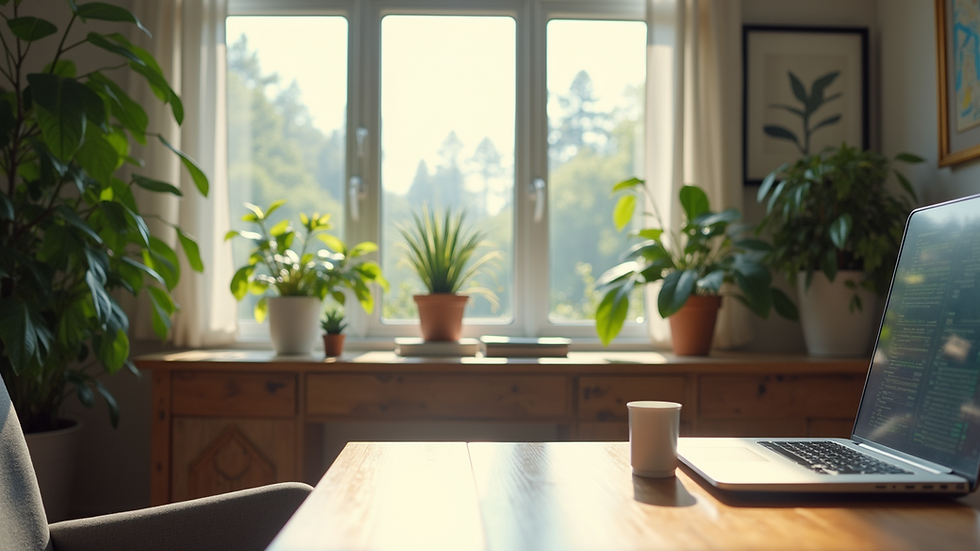 Eye-level view of a serene home office with plants and natural light