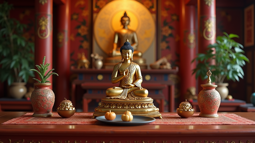 Close-up view of a Tibetan Buddhist altar with traditional Feng Shui elements