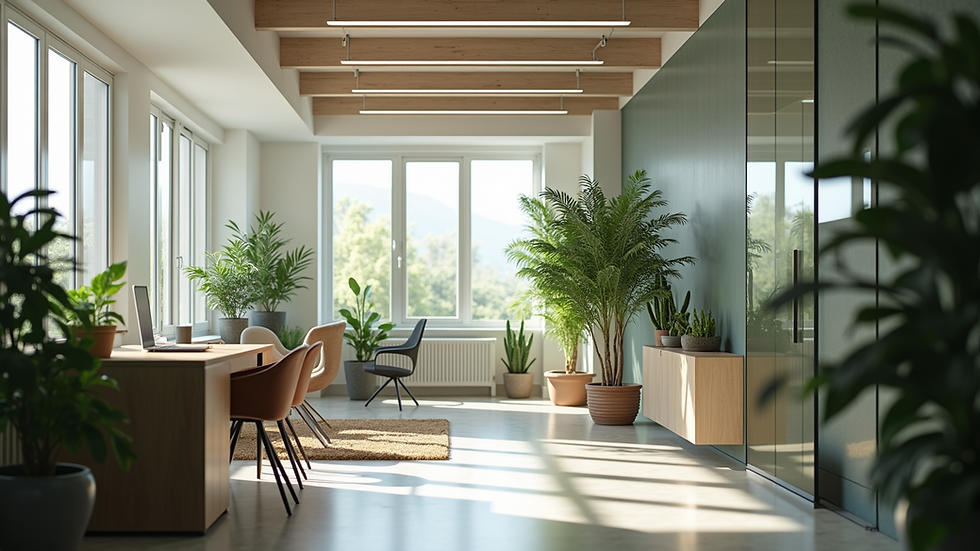 Eye-level view of a modern office space with plants and natural light