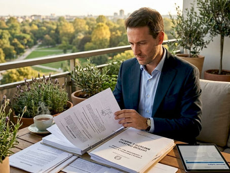 Un manager appone la sua firma sui documenti relativi a un brevetto nel proprio ufficio.