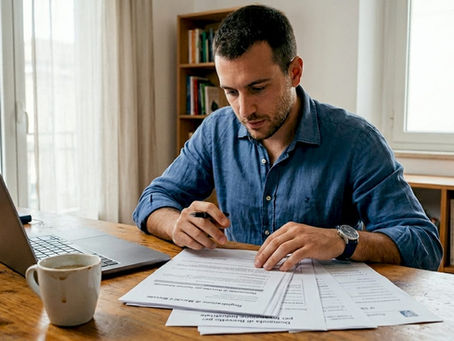 Imprenditore al lavoro in ufficio mentre analizza documenti relativi alla proprietà intellettuale.
