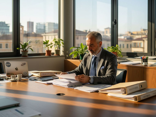 Imprenditore italiano alle prese con l’analisi di documenti relativi a brevetti