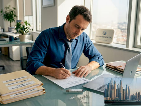 Imprenditore impegnato nella compilazione della documentazione per il brevetto nel suo ufficio a Dubai.