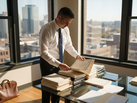 Attorney reviewing copyright certificates in corner office