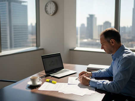 Un avvocato esamina la documentazione relativa a un brevetto nel suo studio.