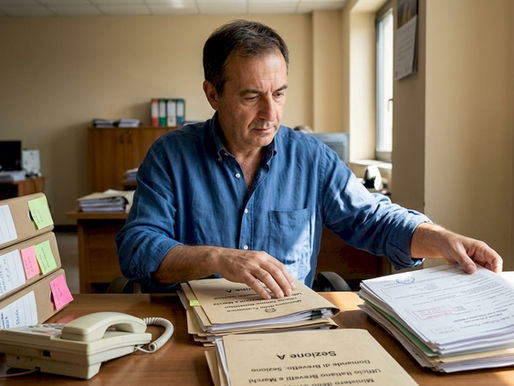 Un impiegato sistemando le pratiche dei brevetti tra pile di documenti in un ufficio pieno di movimento