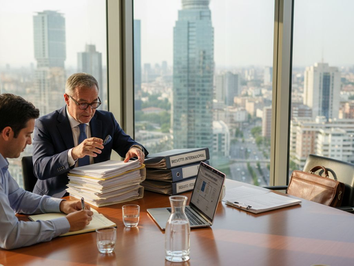 Attorney and client reviewing patent documents in a corner office