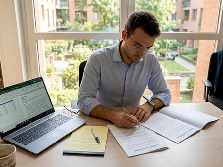 Consulente legale che analizza contratti nel proprio ufficio riservato