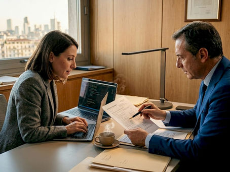 Il fondatore di una startup si confronta con il suo consulente legale sulle strategie per depositare una domanda di brevetto.