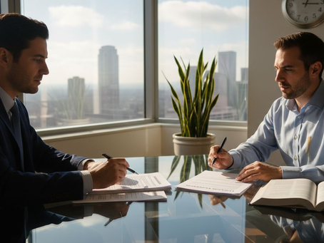 Professionals review licensing agreement in office