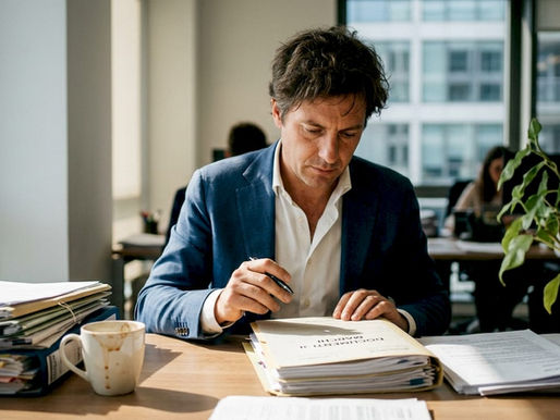 Esperto in diritto dei marchi al lavoro, intento ad analizzare documenti e pratiche sulla sua scrivania.