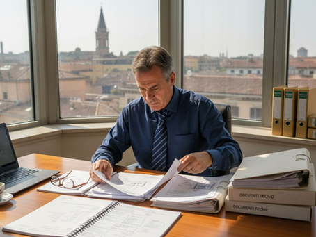 Un avvocato esamina attentamente la documentazione relativa a un brevetto nel suo studio.