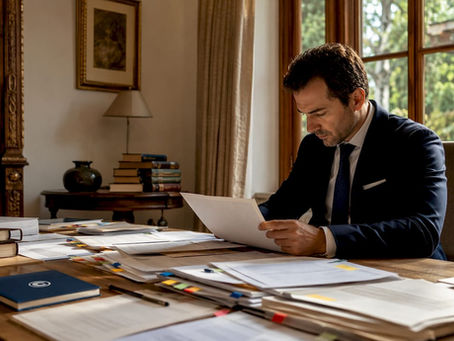 Una persona esamina attentamente dei documenti relativi a licenze all’interno di un ufficio elegante e raffinato.
