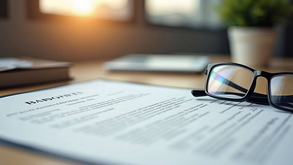 Close-up view of a legal document with a pen and glasses on a wooden table