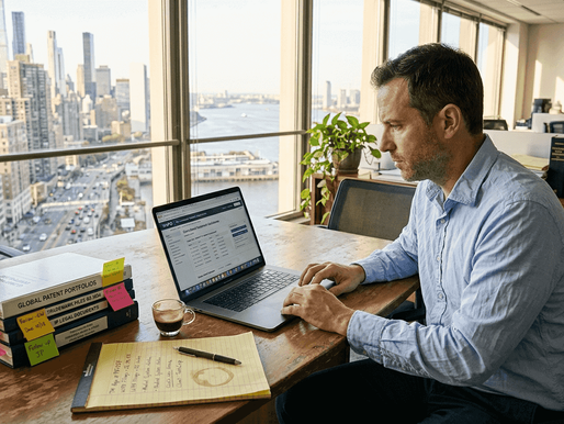 Office worker reviewing intellectual property documents