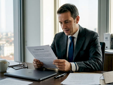 Un imprenditore sta valutando attentamente un contratto relativo a un marchio nel suo ufficio.