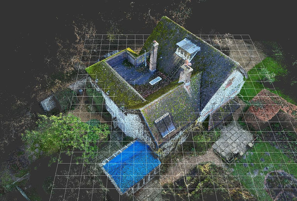 Drone-captured point cloud visualisation reveals the detailed architecture of a rural building's rooftop and its surrounding environment.