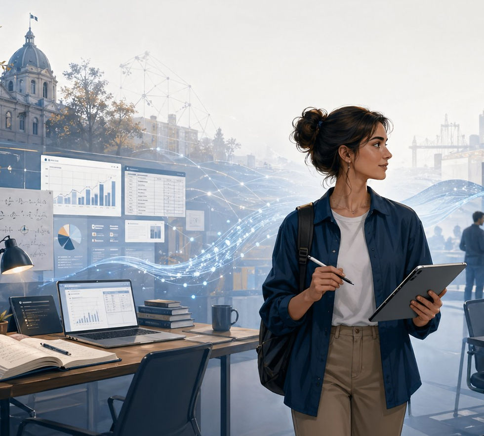Illustration générée par IA montrant une jeune professionnelle québécoise entre un espace de formation, des flux numériques liés à l’IA et un environnement de travail transformé.