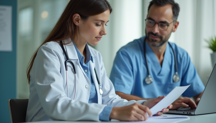 Close-up view of a healthcare navigator assisting a patient with paperwork